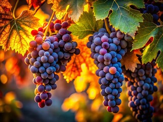 Naklejka premium Low Light Grapevine Cluster, Nighttime Vineyard, Illuminated Vines, Dark Moody Grapes, Autumn Harvest