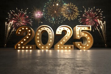 2025 New Year Celebration: Shiny 3D Numbers on City modern Background, realistic rendering new year celebration.