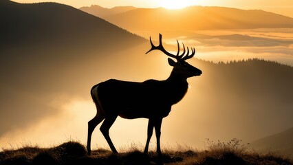 A majestic deer standing on a misty mountaintop at sunrise, with the early morning sun directly behind it, creating a dramatic silhouette