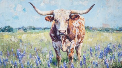 Texas Longhorn cow in spring