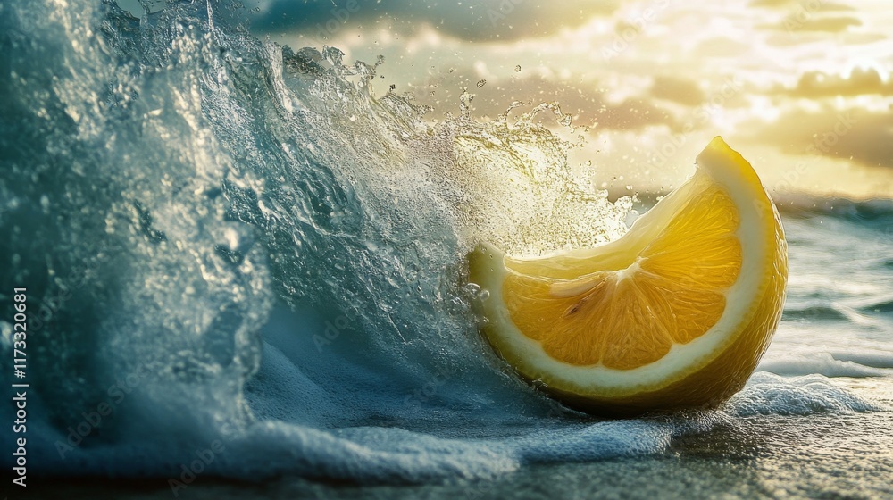 Poster a slice of orange is floating in the ocean. the water is choppy and the orange is partially submerge