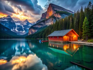Obraz premium Low Light Lake Louise Boathouse, Banff National Park, Alberta, Canada - Serene Night Scene