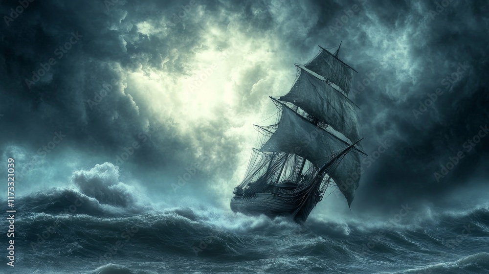 Poster a ship sailing through a storm, representing determination to keep moving forward despite obstacles.