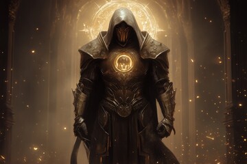 Fototapeta premium A vibrant digital illustration of a knight in golden armor standing in a radiant temple