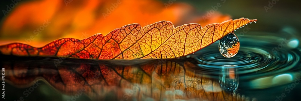 Poster autumn leaf on water; raindrop falls, creating ripples.