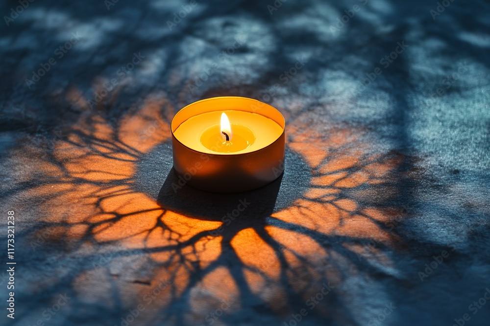 Poster a single candle casting beautiful, intricate shadows on a textured surface, creating a warm and tran