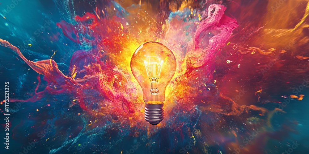 Poster a dynamic and colorful abstract image of a light bulb exploding with vibrant energy and motion, symb