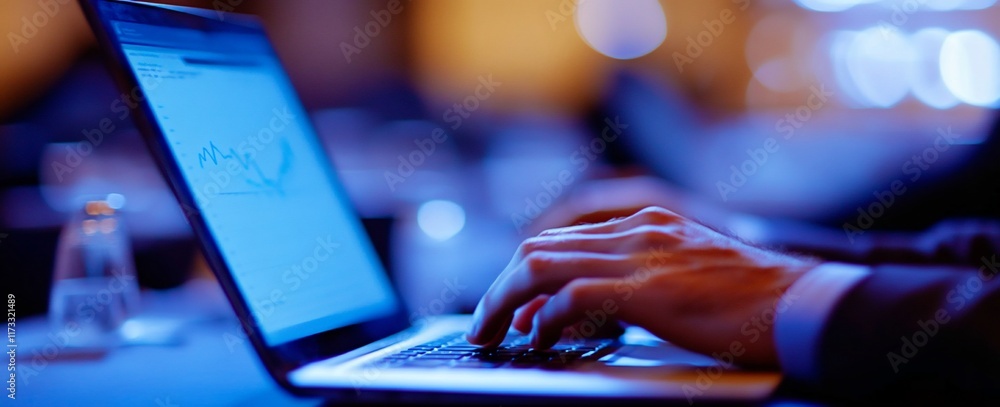 Poster Close-up of hands typing on laptop with graph on screen.