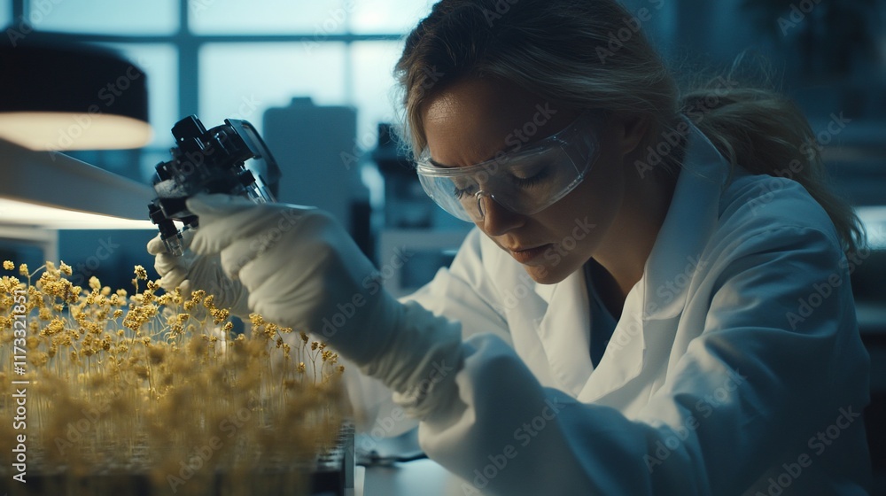 Aufkleber female scientist examining plants under a microscope in a lab.