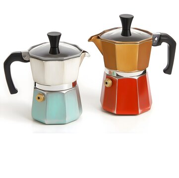 Vintage greca steel coffee moka pots isolated on white background, preparing delicious coffee prepared without espresso machine.