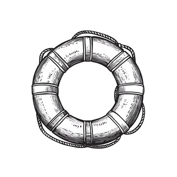 Sketch of lifebuoy with rope on white.