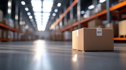 Warehouse Environment Featuring a Cardboard Box on the Floor Illuminated by Bright Light Highlighting a Dynamic E Commerce Packing Scene for Orders