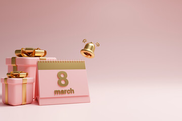 eight march text on pink carlendar, gift box and gold ring bell on pink background, with copy space, Women day poster or banner.Greetings and presents for love or Women day concept. 3d render