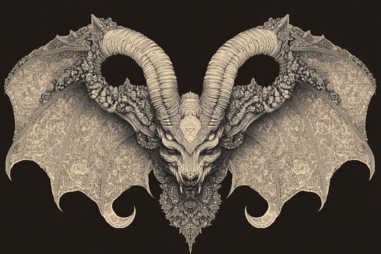 Intricate, symmetrical artwork depicting a fantastical creature with ram horns and bat-like wings, rendered in sepia tones against a dark background.