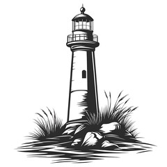 Black and white lighthouse illustration with rocks and grass.