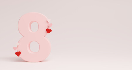 eight march text and heart on pink background, with copy space, Women day poster or banner.Greetings and presents for love or Women day concept. 3d render