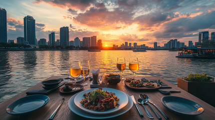 Romantic riverside dinner table setup with a stunning city sunset skyline and gourmet dining experience