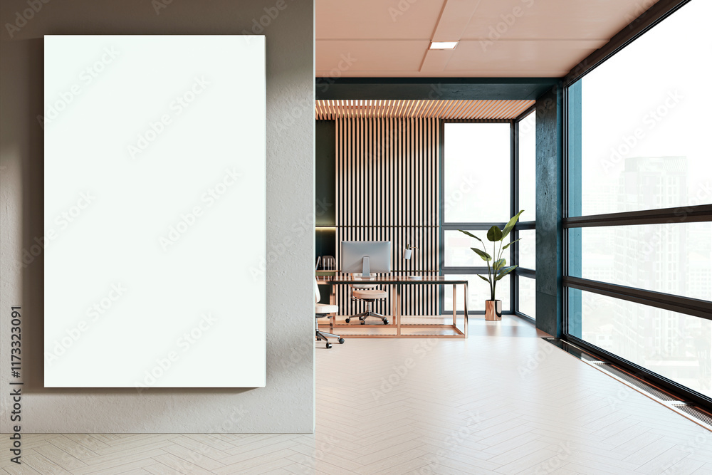 Poster modern executive office with blank poster and large windows overlooking cityscape, featuring minimal