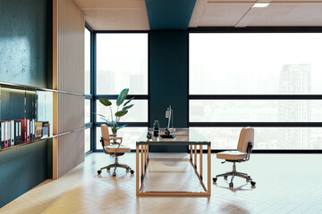 Modern executive office with large windows, sleek furniture, and minimalist decor, featuring wooden accents and urban city view. 3D Rendering