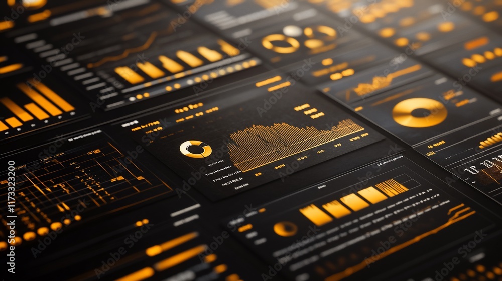 Poster Close-up of a digital dashboard displaying various charts and graphs with orange and black color scheme.