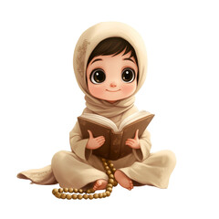 Childlike cartoon of Muslim girl with Book and Prayer Beads
