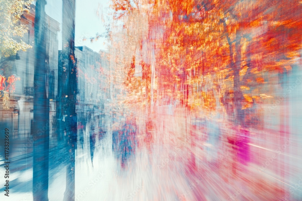 Poster dynamic abstract image capturing the motion blur of a city street with vibrant autumn colors and lig