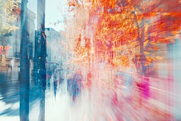 Dynamic abstract image capturing the motion blur of a city street with vibrant autumn colors and light effects.
