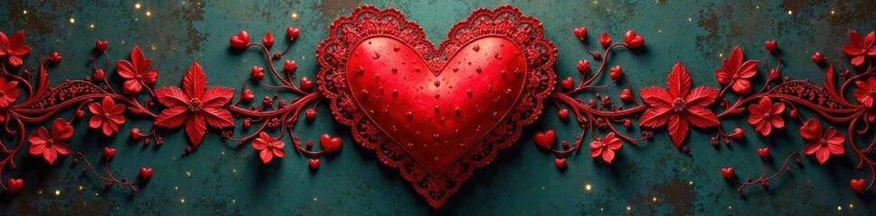 Intricate red heart with lace details, vintage style, texture, sophisticated, vintage