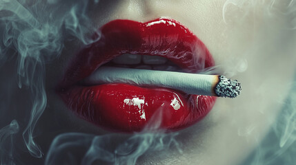 Fototapeta premium Close-up of red lips with a cigarette and smoke