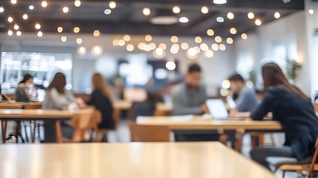 Blurred Cozy Cafe Interior People Working Bokeh Lights