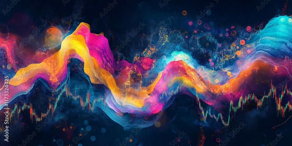 Poster a colorful wave with a bunch of dots and lines. the dots are in different colors and sizes