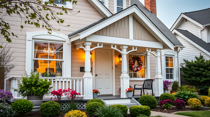 Obraz premium Beige House with Front Porch and Landscaping