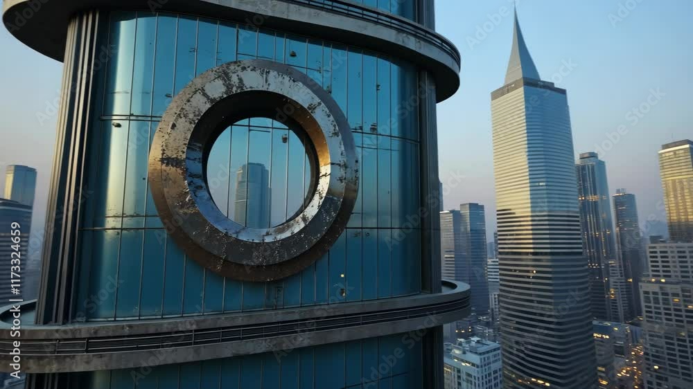 Poster Urban Skyline Under Morning Light Showcasing Modern Architecture and a Prominent Circular Design Element on a Skyscraper. Huge futuristic monument structure symbol in city