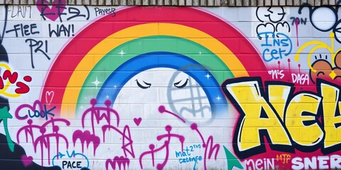 Vibrant rainbow-colored peace graffiti painted on a graffiti-covered urban wall, spray paint, graffiti