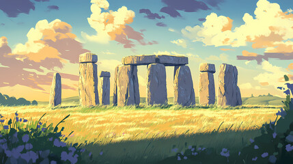High-definition image of stonehenge at sunset with its massive stones casting shadows over the grassy plains. Stonehenge. Illustration