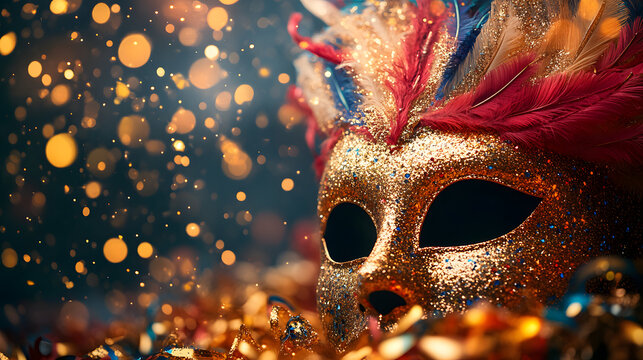 A Captivating Carnival of Color with Lavish Venetian Masks Creating an Unforgettable Masquerade Party Experience Illuminated by Bokeh Lights