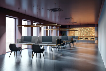 Modern office interior with workstations and computers, spacious design, large windows, decorative lighting, and sleek furnishings. 3D Rendering