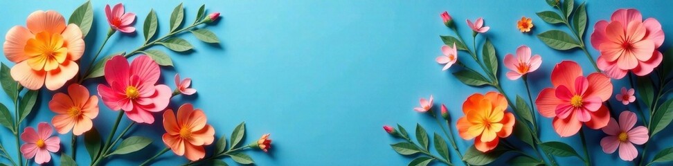 Naklejka premium Vibrant paper flowers, blue backdrop, central space, copy space, blank space, colorful
