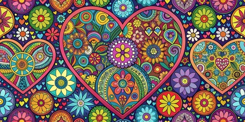 Colorful hearts with floral patterns and peace signs surrounded by a groovy geometric shape