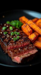 Savoring Steak and Sweet Potato Fries Dining Room Culinary Delight Cozy Atmosphere Close-Up Flavorful Experience