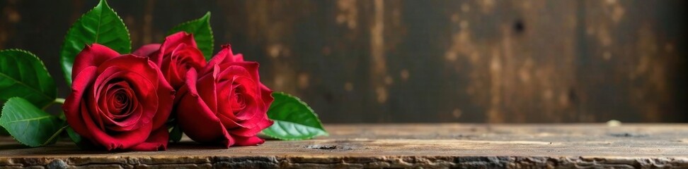 Fototapeta premium Vibrant red roses, lush green leaves, wooden stand, love, red