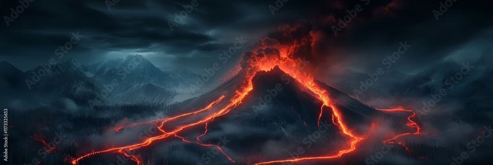 Poster glowing orange lava is flowing down a volcano surrounded by snow capped mountains and forests, erupt
