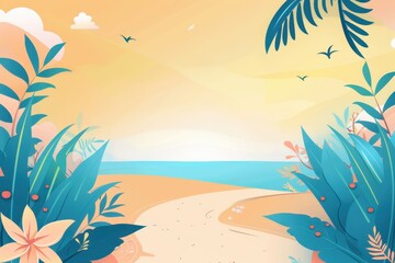 Lush Tropical Foliage Framing a Coastal Scene with a Sandy Path Leading to the Ocean