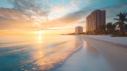 Sunset reflection over tranquil beach coastal city photography