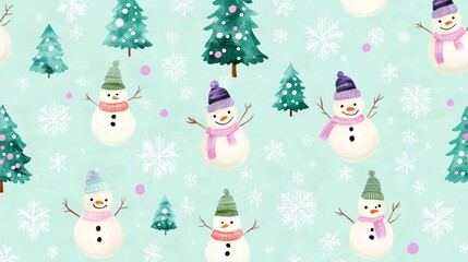 Festive snowman and evergreen pattern on light blue with snowflakes