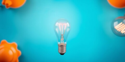 Vibrant edison bulb display in green orange blue against soft blue backdrop, background, soft blue