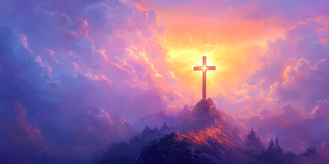 Fototapeta premium Christianity Easter Cross, light of Jesus Christ shining vibrant purple and orange hues, misty morning scene, cinematic fantasy style, warm light, oil paint texture, heavenly clouds