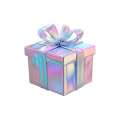 Obraz premium 3D gift box wrapped with a ribbon, featuring a glossy and holographic surface that shines with iridescent colors. Isolated on transparent background, png.
