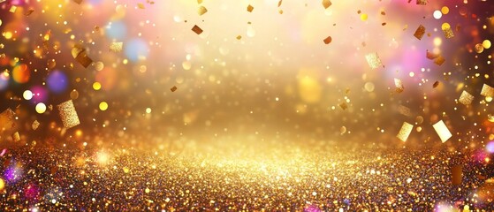 Naklejka premium A gold background with lots of glitter and confetti