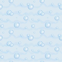 Watercolor Sea seamless pattern with water bubbles or soap bubbles with blue background.